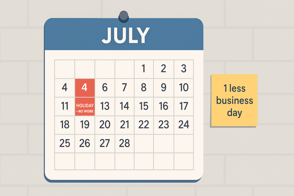 US calendar showing Independence Day reducing business days in July