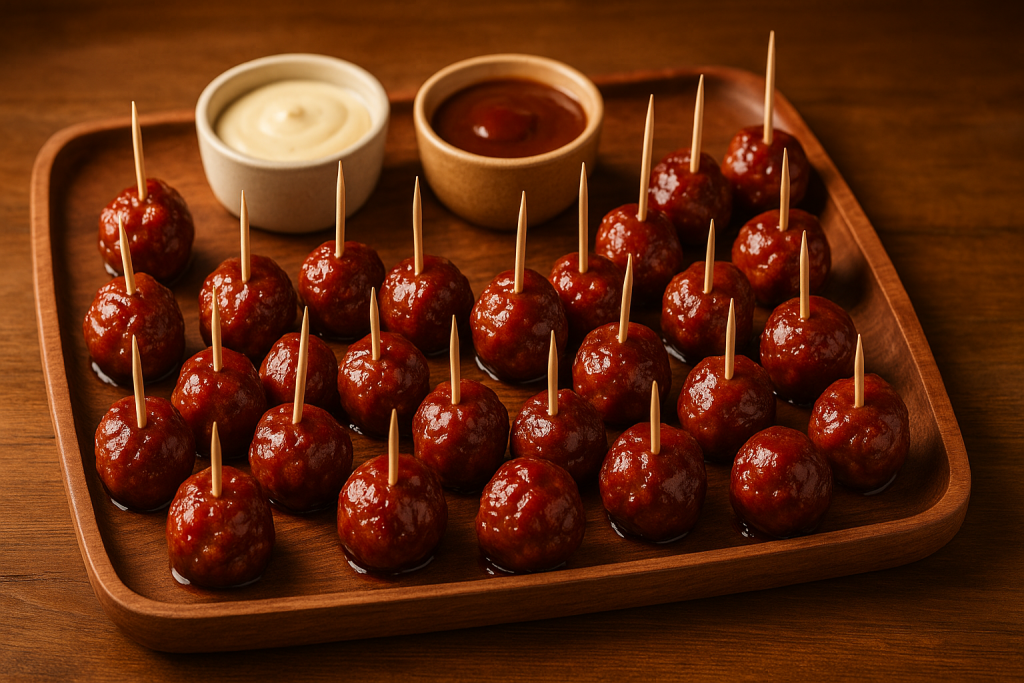 Glazed meatballs on toothpicks with dipping sauces