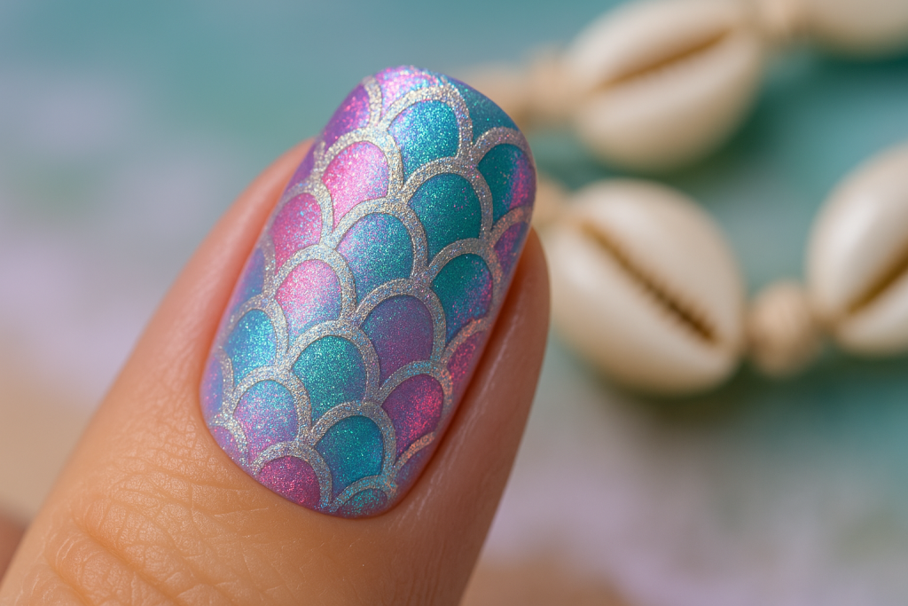 Mermaid scale holographic beach nails close-up