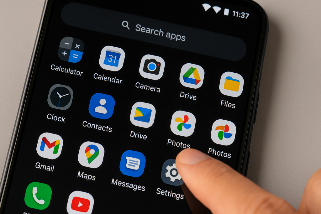 Android App Drawer open with Settings icon highlighted.