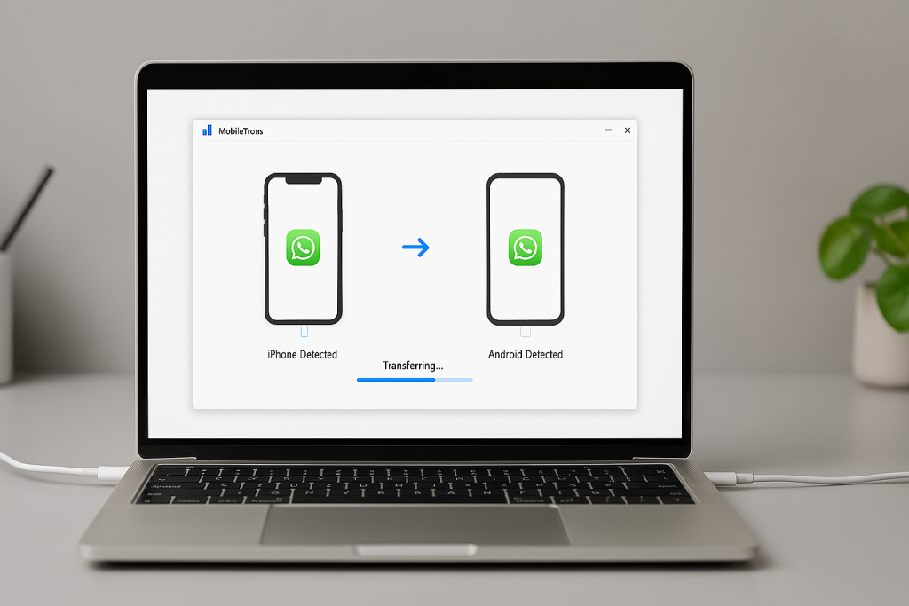 MobileTrans software transferring WhatsApp data between iPhone and Android