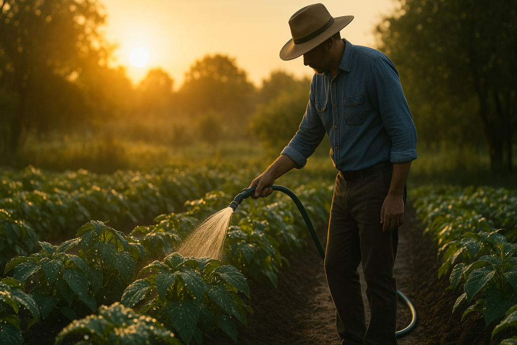 Gardener watering plants in early morning to reduce evaporation