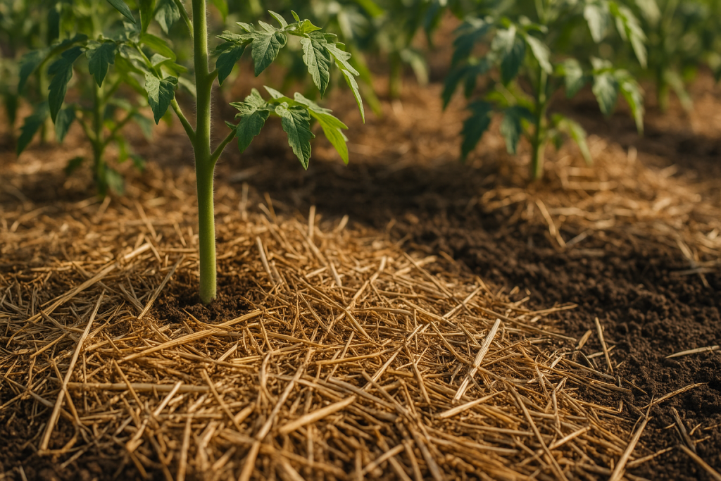 Straw mulch around tomatoes helps retain moisture in hot weather
