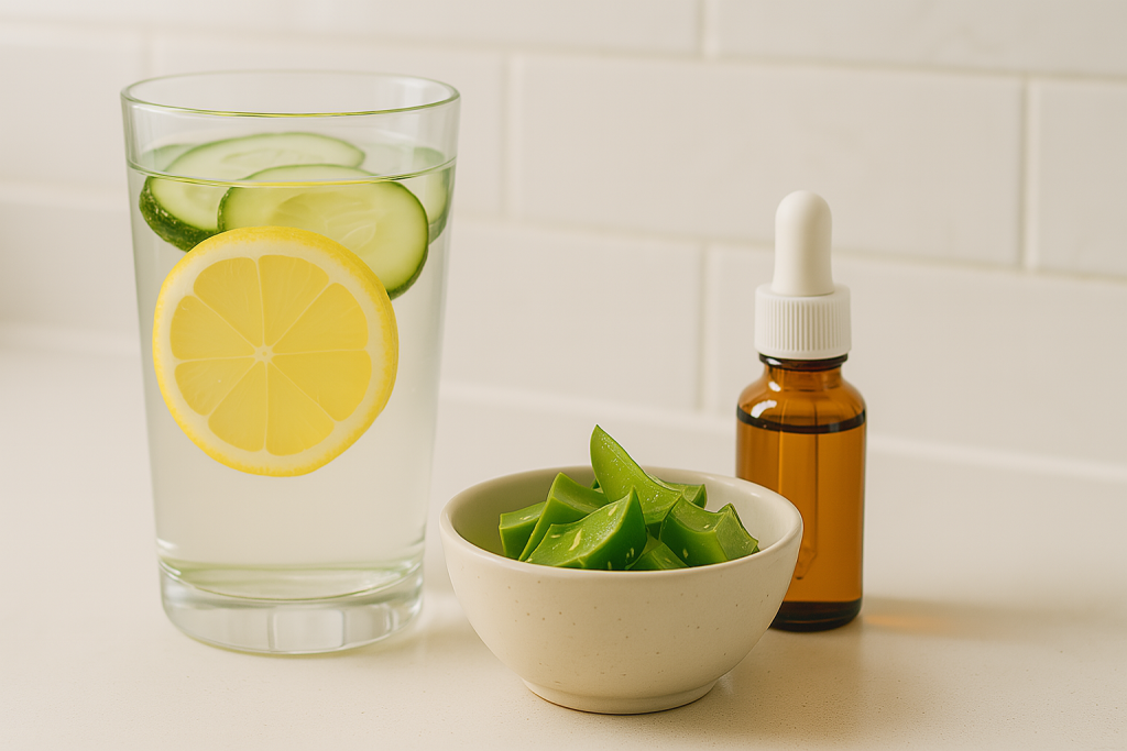 Glass of cucumber lemon water and natural hydration products for glowing skin