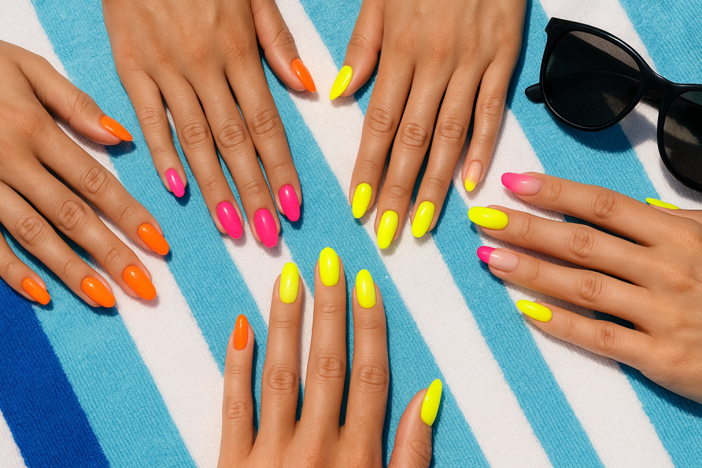 Neon beach vacation nails with summer props