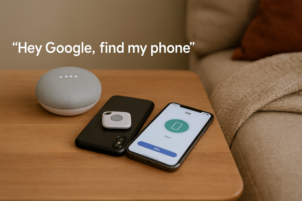 Nest speaker and Tile tracker used to find Android phone at home