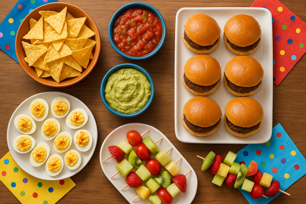 Assorted party snacks arranged on a table including chips, sliders, eggs, and fruits