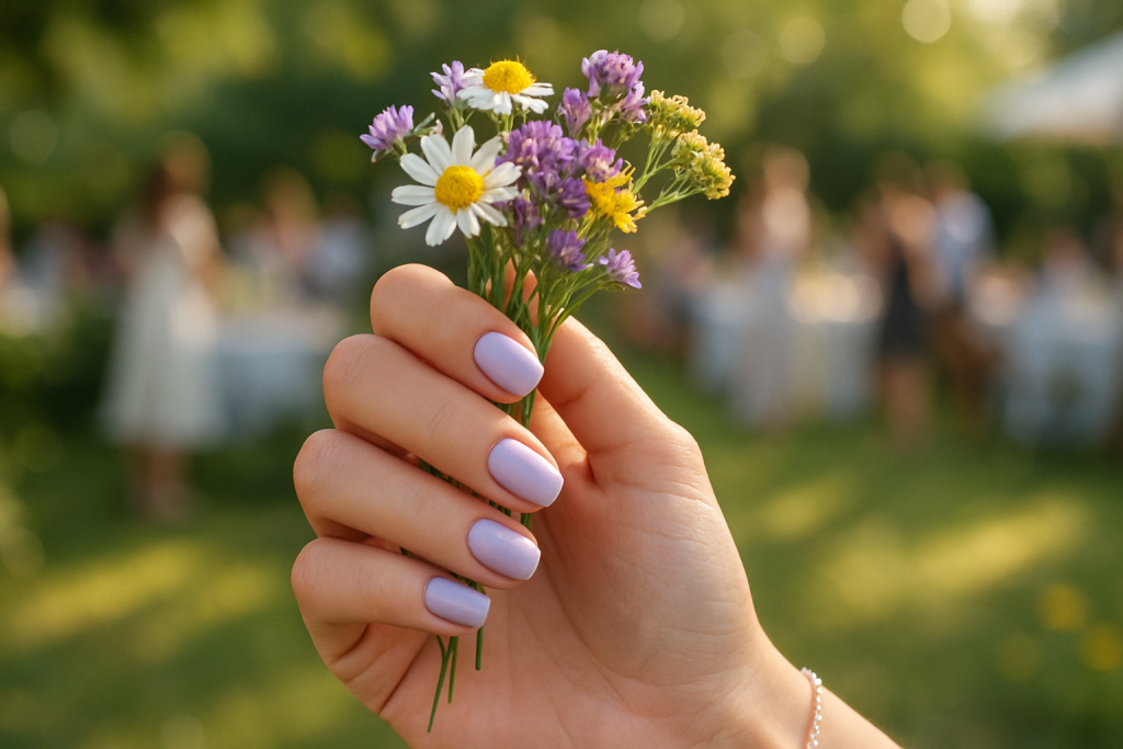 Pastel lavender nails styled for a summer garden party look