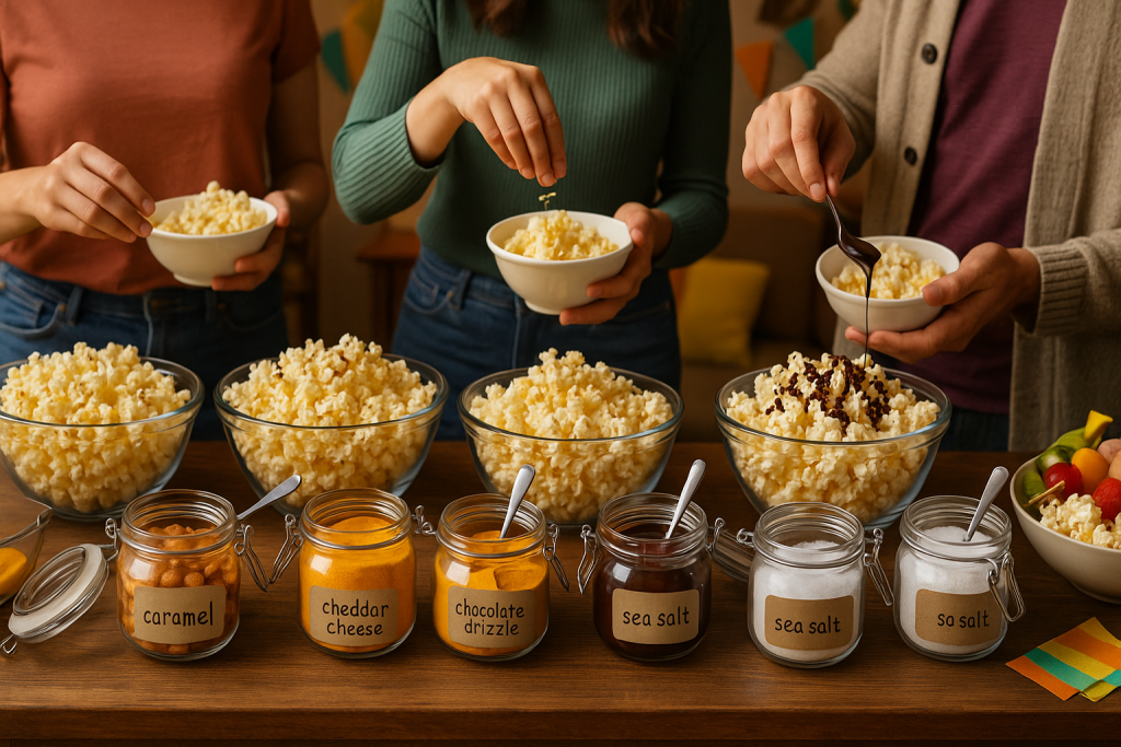 Popcorn bar setup with variety of toppings for party guests