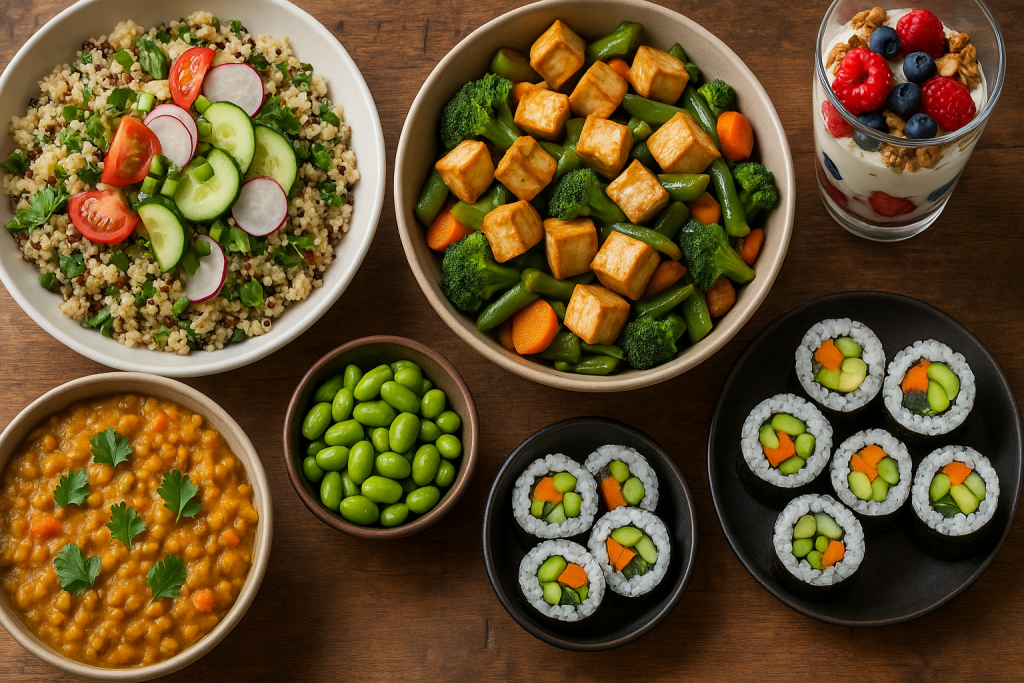 High-protein vegetarian meal options arranged on table
