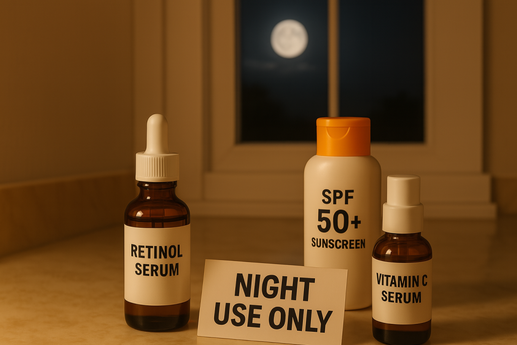 Nighttime retinol serum with SPF and vitamin C for summer skincare
