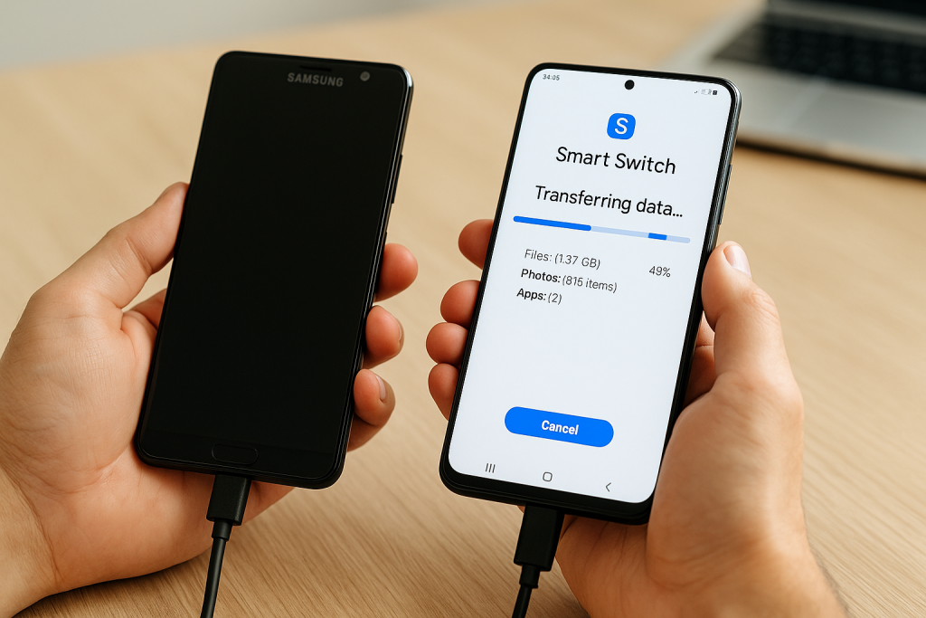 Two Samsung phones transferring data using Smart Switch