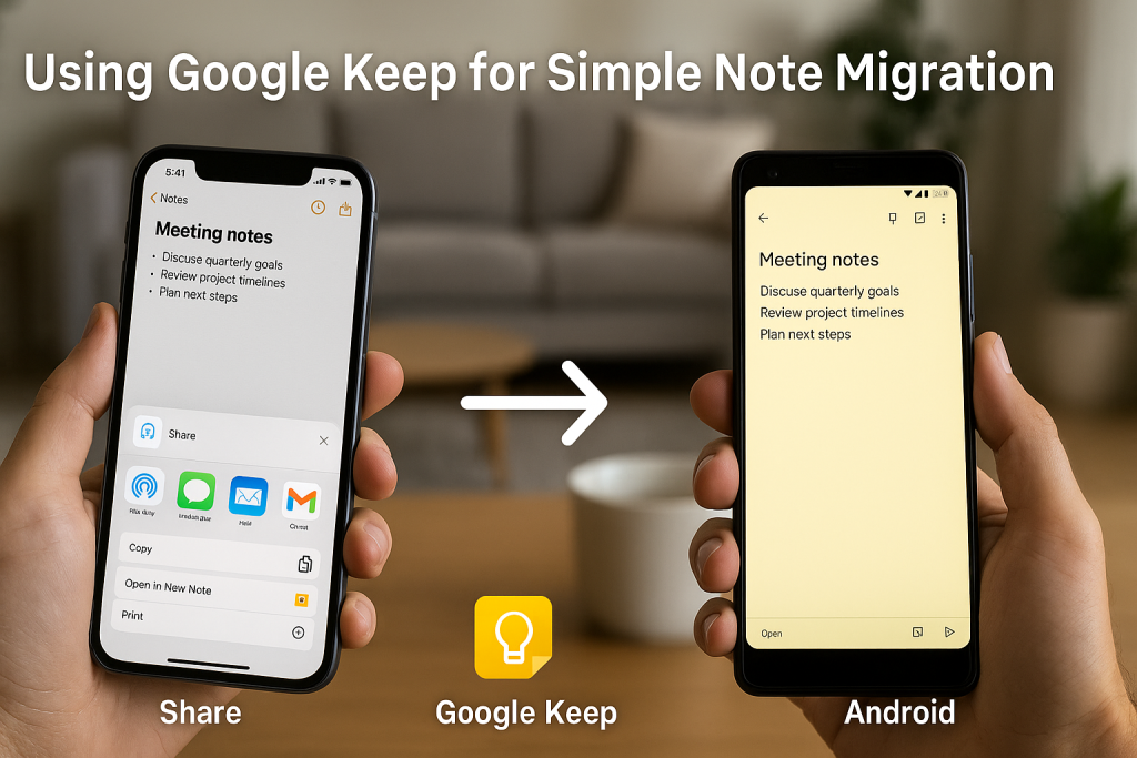 Step-by-step note sharing from iPhone Notes to Google Keep on Android