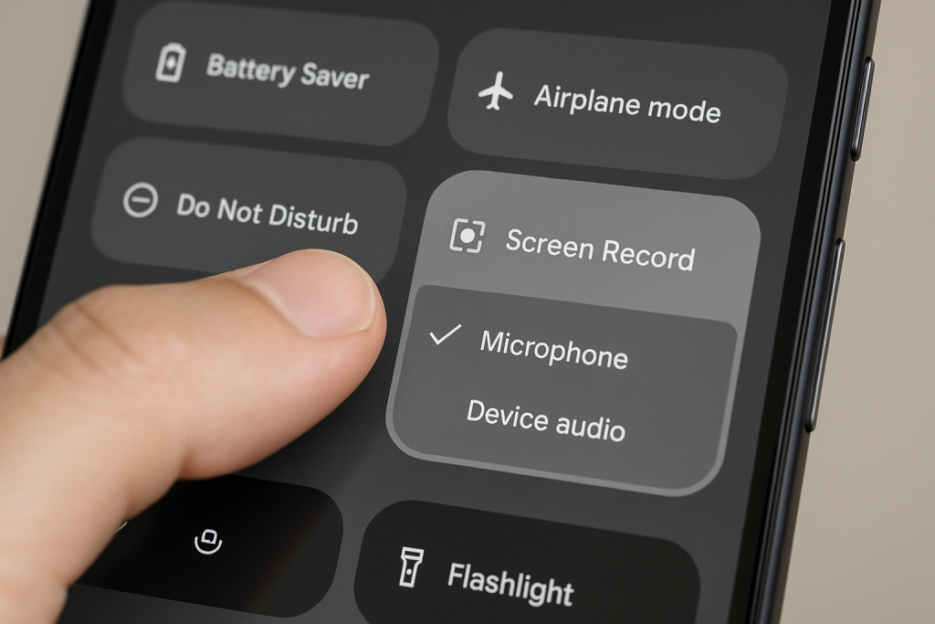 User enabling Android built-in screen recorder from Quick Settings