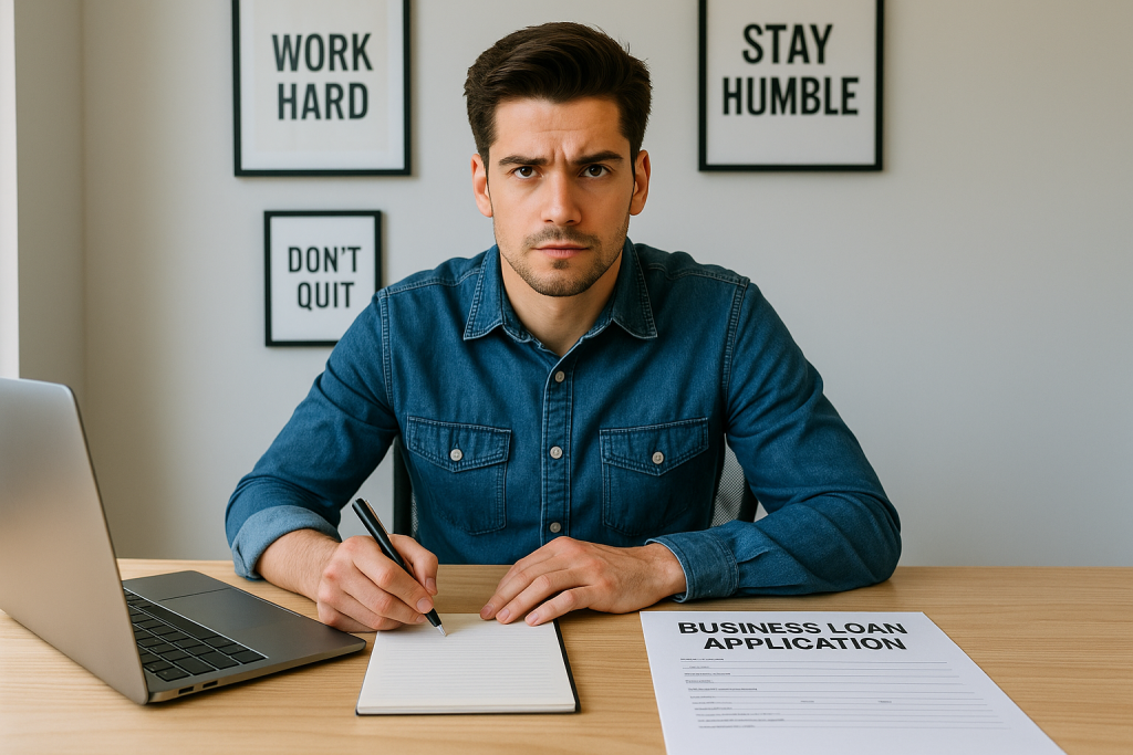 Young entrepreneur preparing business loan application with no money