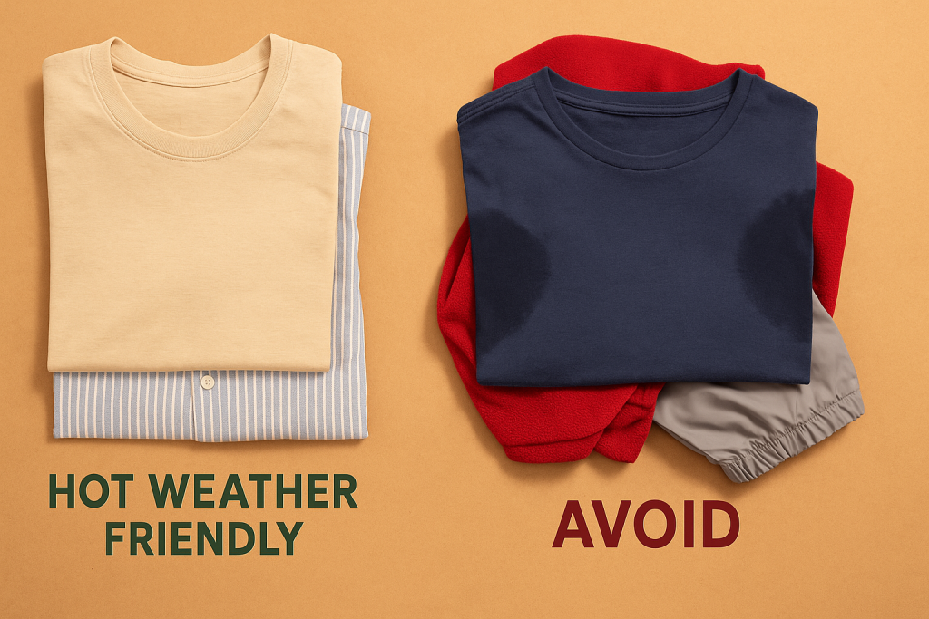 Comparison of breathable and heat-trapping fabrics for hot weather with sweat marks on synthetic clothing