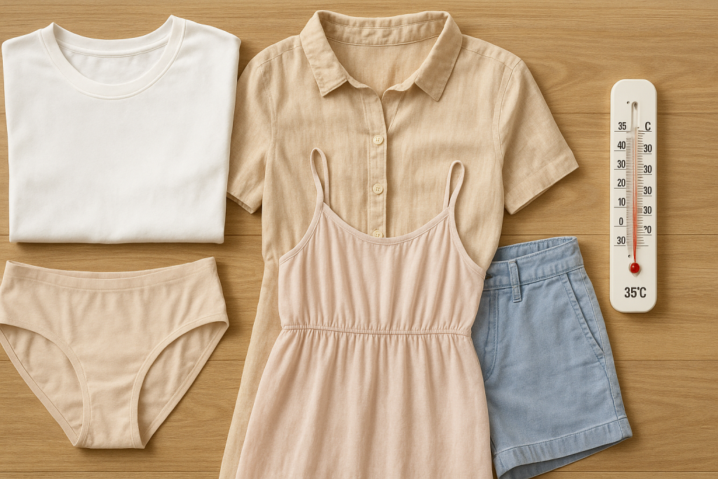 Flat lay of breathable summer fabrics including cotton, linen, rayon, bamboo, and chambray clothes