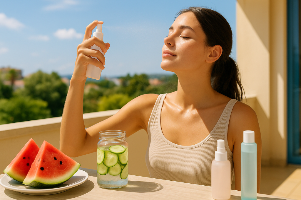 woman using facial mist with summer hydration products