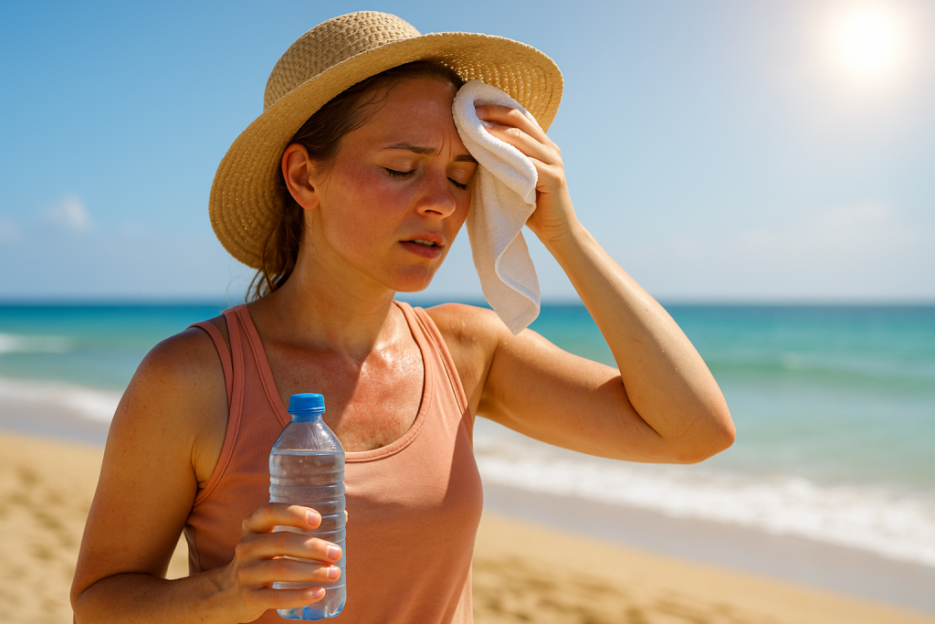 woman sweating under summer sun with towel and water bottle