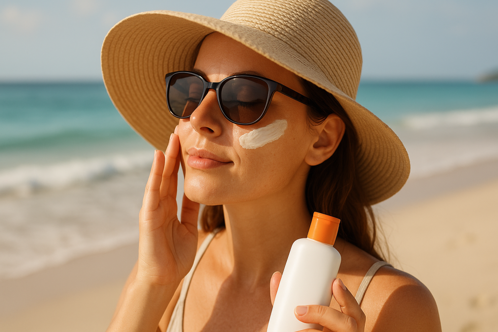 Woman applying mineral sunscreen at the beach for sun-safe glowing skin.