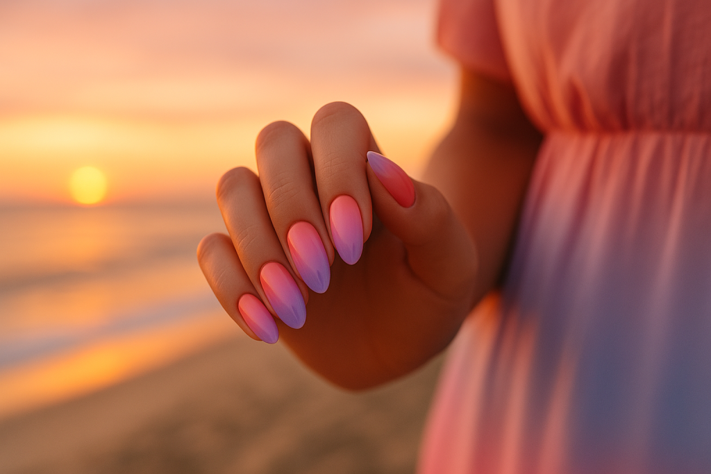 Sunset ombre nails matching gradient beach dress