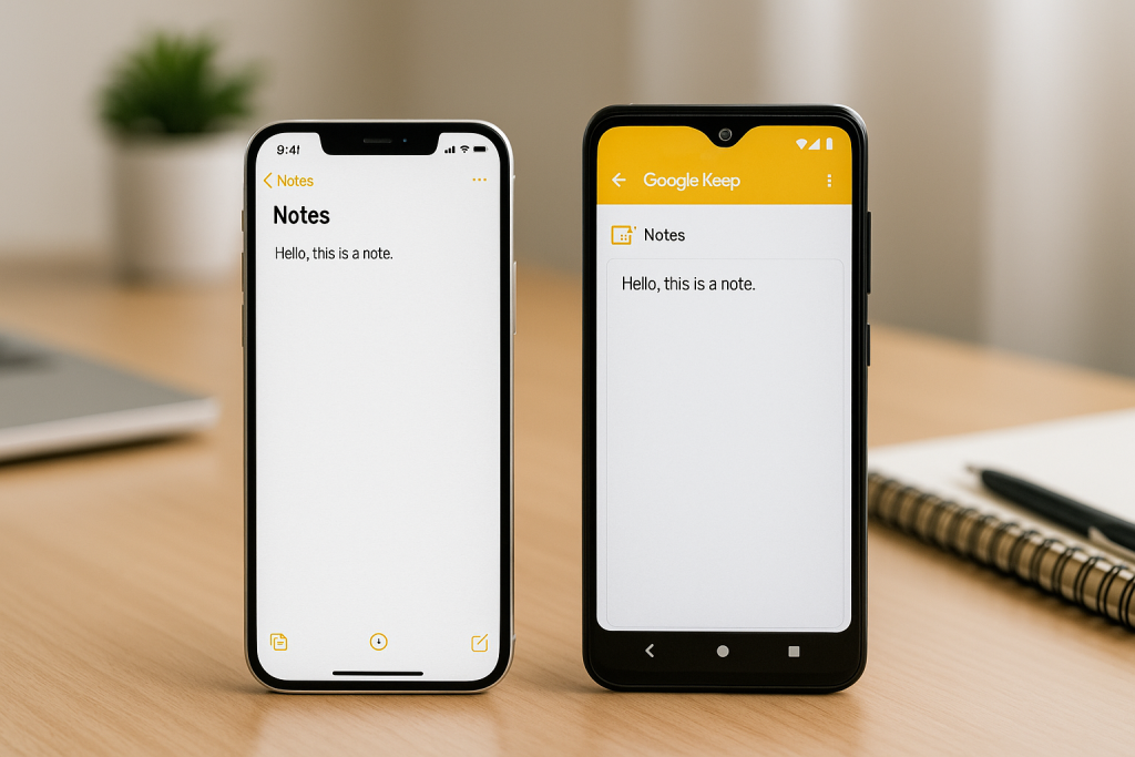 iPhone and Android phone showing note apps for data transfer