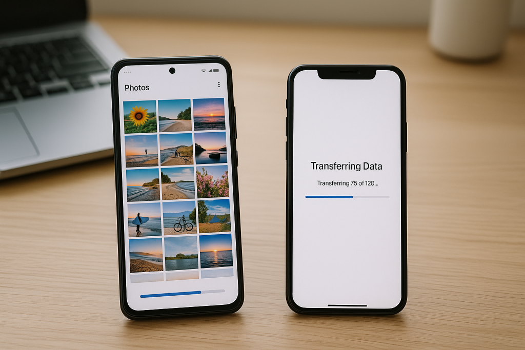 Transferring photos from Android phone to iPhone on desk