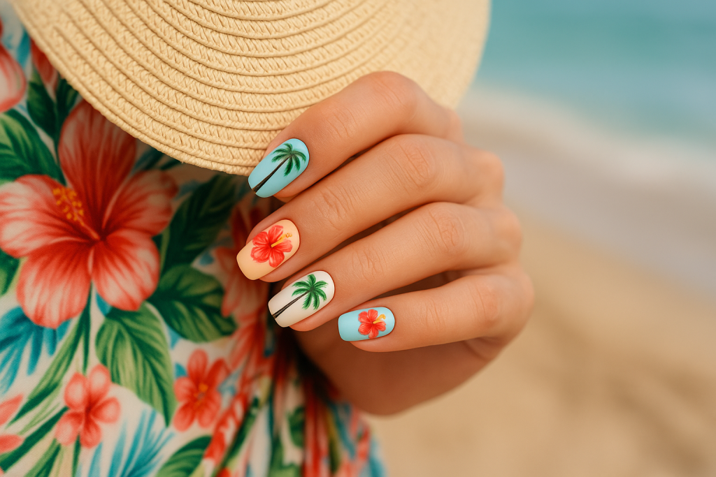 Tropical nail art with palm and flower design holding beach hat