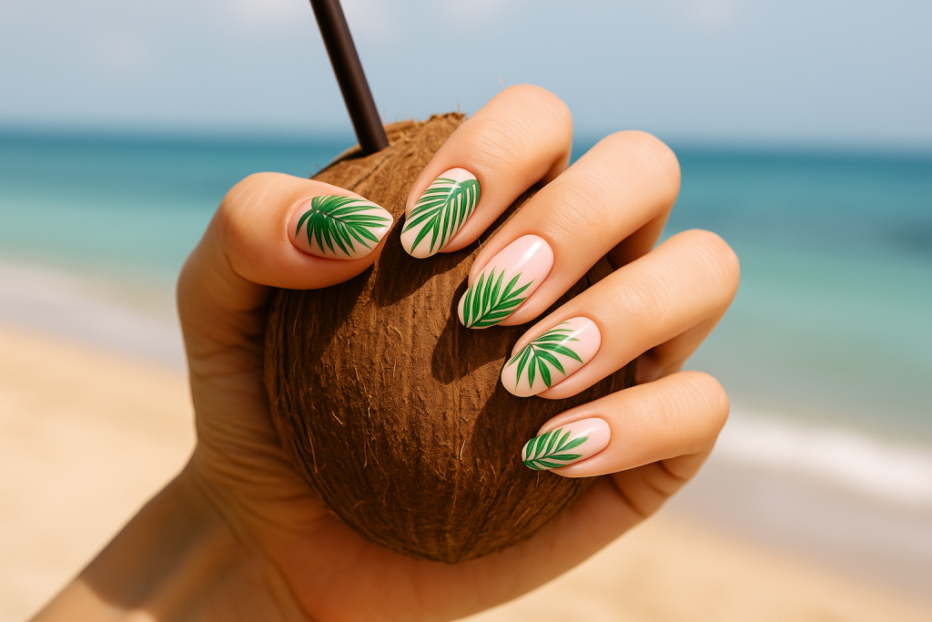 Palm leaf nail design with tropical beach background