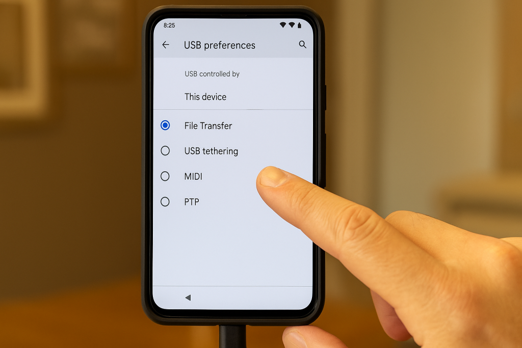 Android USB settings showing File Transfer option