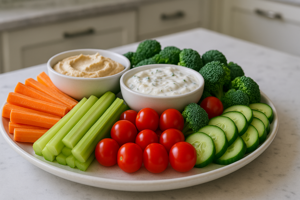 Fresh vegetable crudité platter with healthy dips