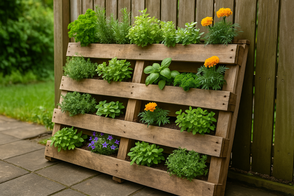 vertical pallet garden with herbs in limited patio space