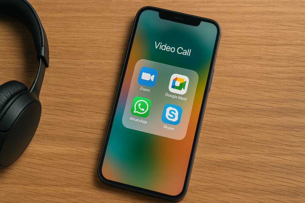 Phone screen showing Zoom, Meet, WhatsApp, Skype apps