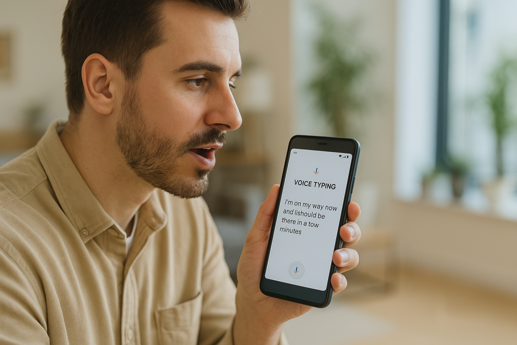Person using voice typing on Android with live transcription
