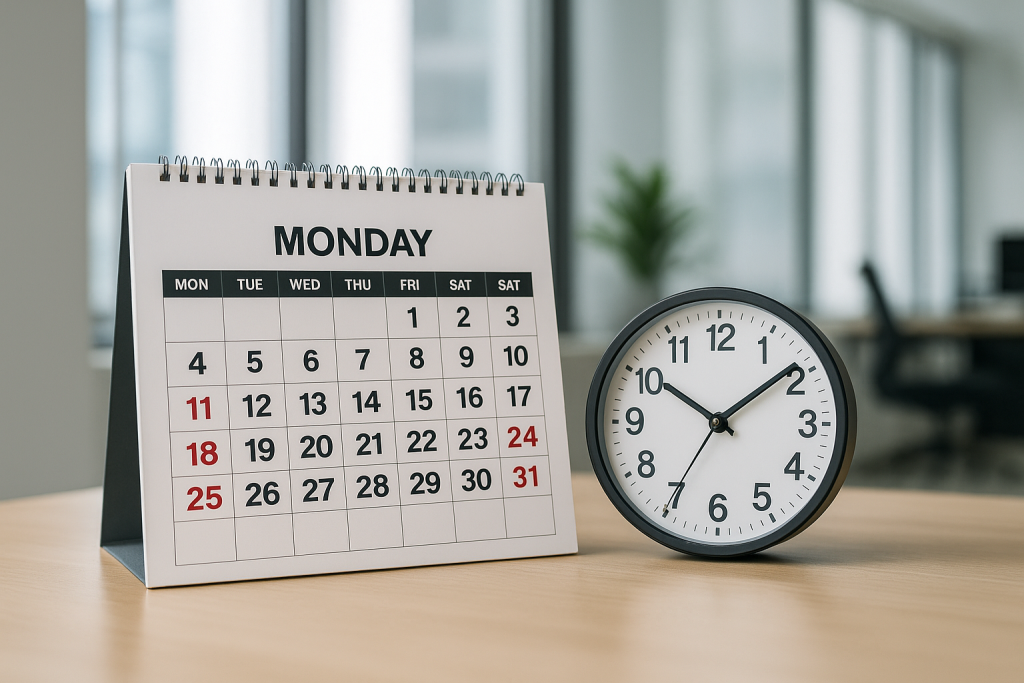 Calendar showing Monday to Friday as business days with office background