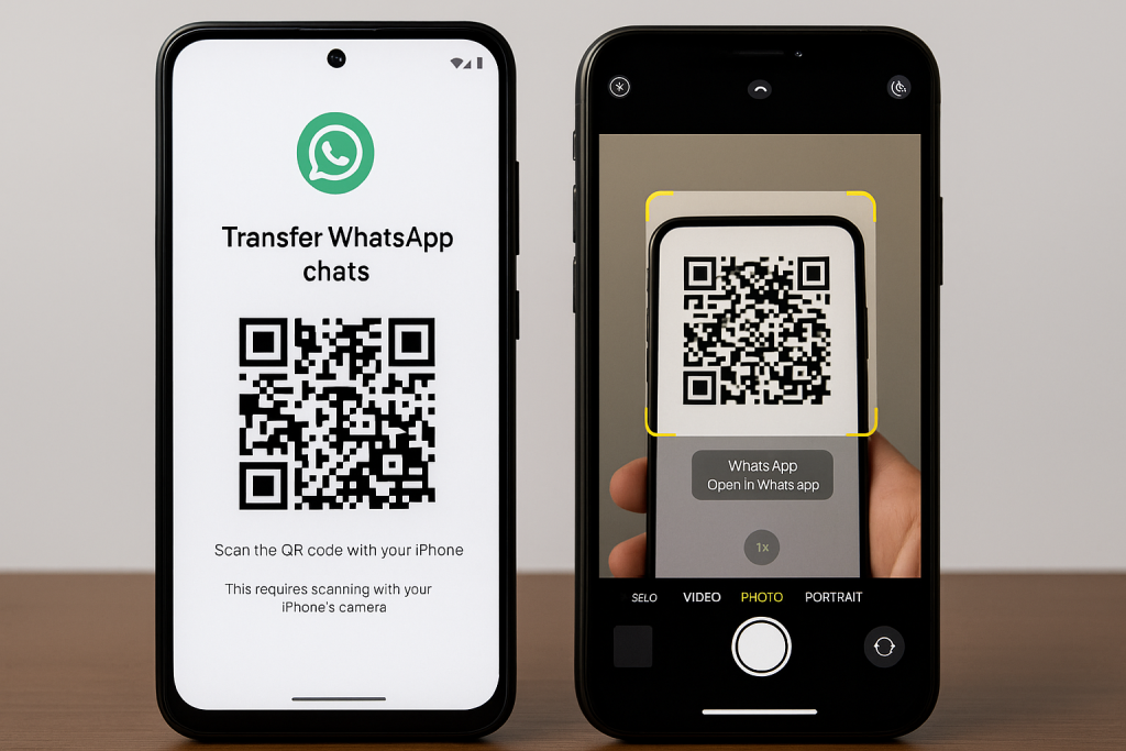WhatsApp QR code transfer screen on Android and iPhone