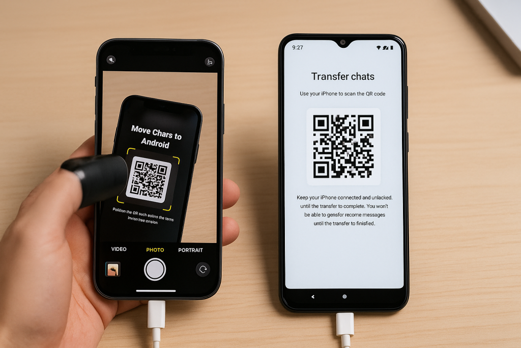 iPhone scanning QR code from Android to start WhatsApp transfer
