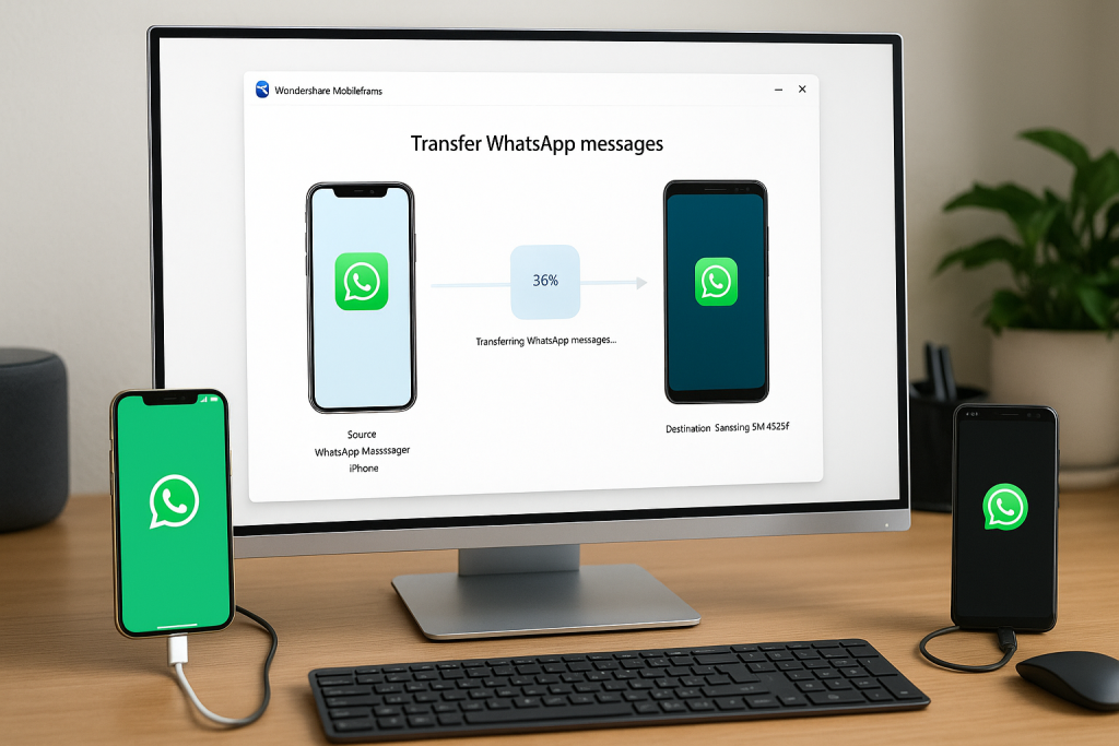 WhatsApp transfer using MobileTrans with iPhone and Android connected to PC