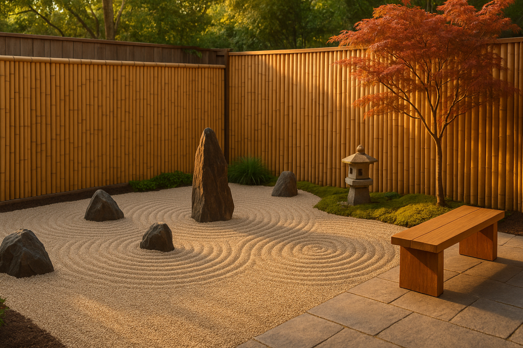 finished backyard zen garden with plants and bench