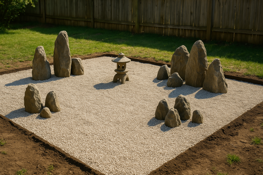zen garden rocks and focal stone lantern