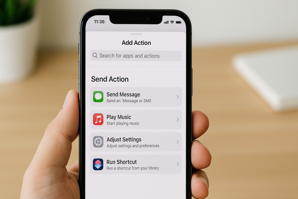 iPhone Shortcuts automation editor with Add Action options such as Send Message and Play Music.