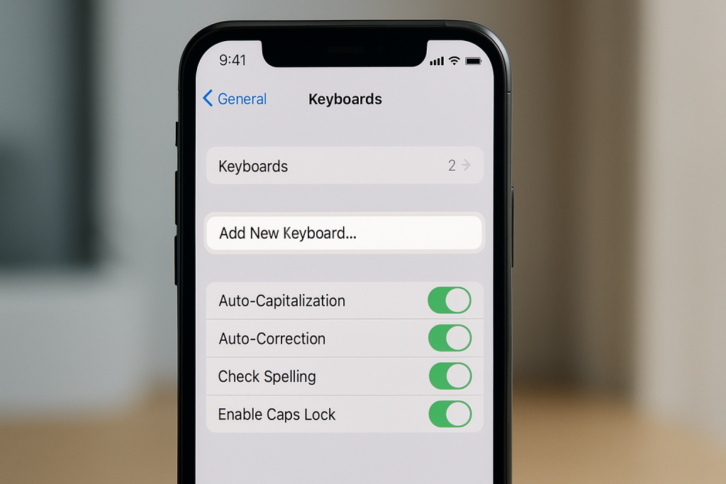 iPhone screen with Add New Keyboard option selected