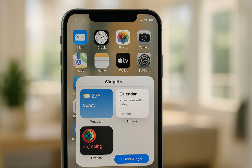 iPhone home screen in edit mode with widget gallery open