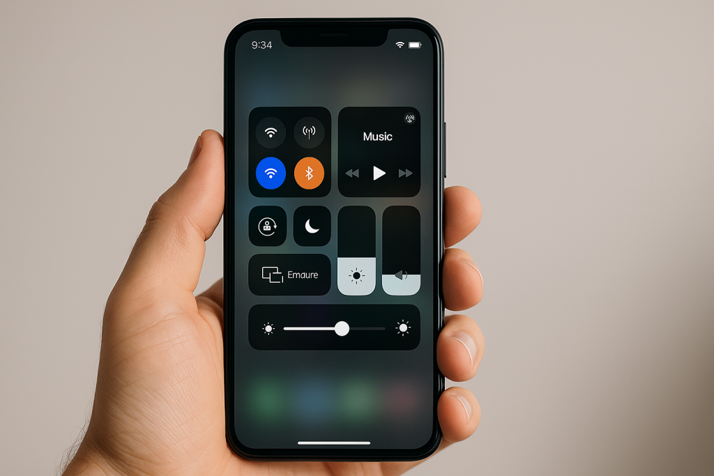 Android screen showing iOS-style Control Center with quick settings toggles.