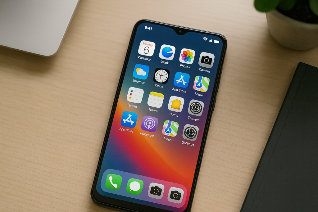 Android phone showing iOS-style launcher with iPhone-like icons on home screen.