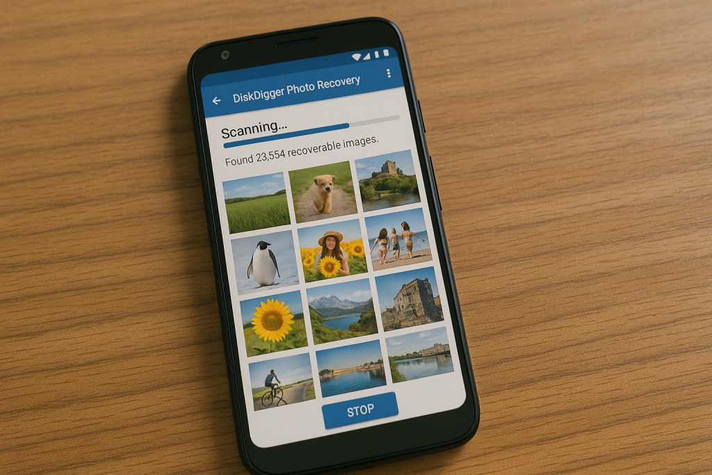 DiskDigger Photo Recovery app scanning Android for deleted images.