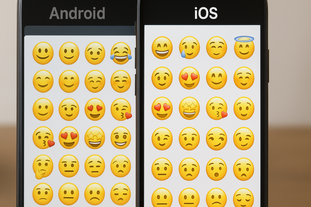 Side-by-side comparison of Android emojis and iPhone emojis displaying the same icons.