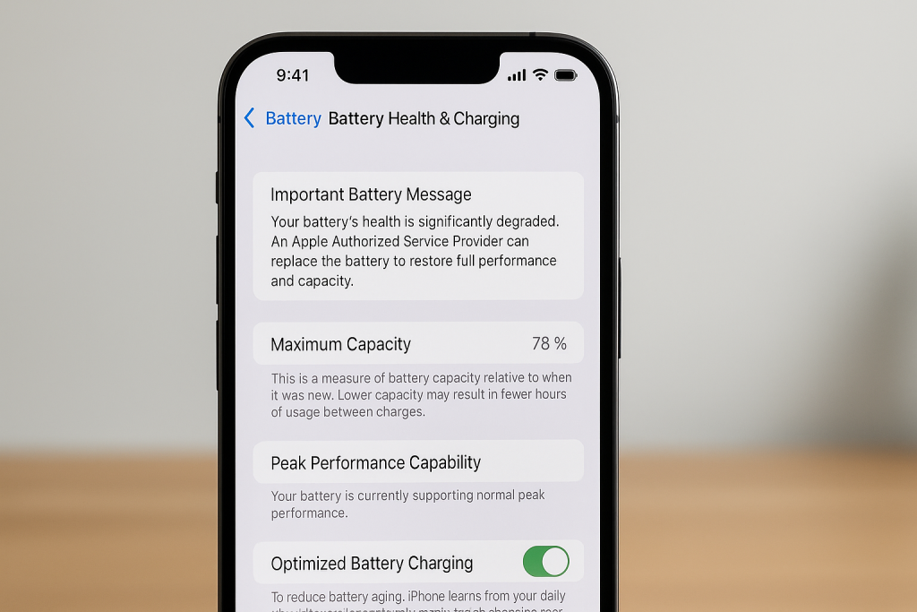 iPhone Battery Health screen showing maximum capacity and peak performance