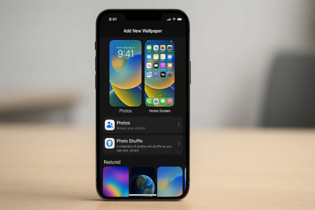 iPhone wallpaper selection screen with categories Photos, Stills, and Live Photos