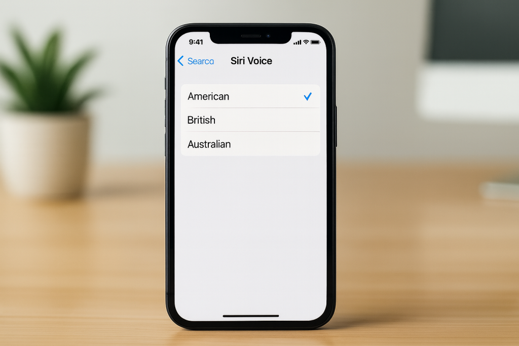 iPhone screen displaying Siri Voice options with accents and gender choices